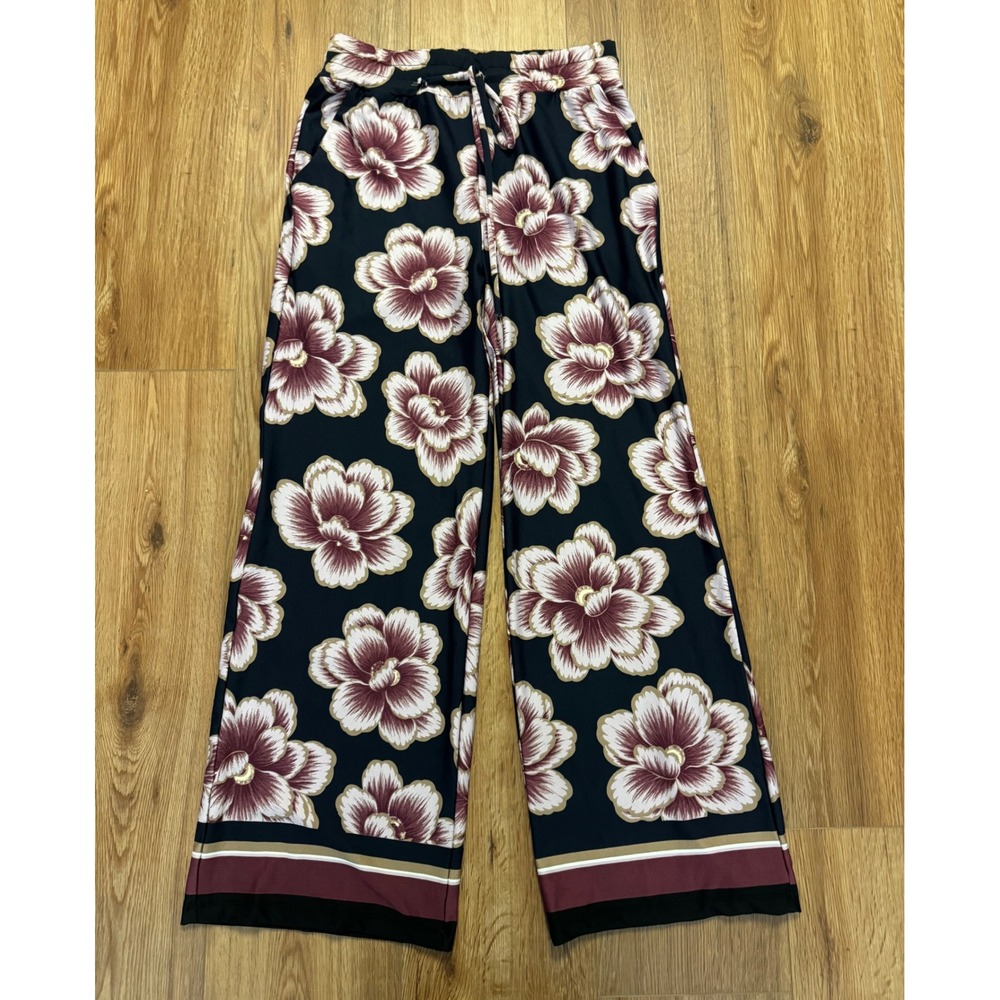 Park & Main Petite Navy Floral Wide Leg Pants Drawstring Pockets PS